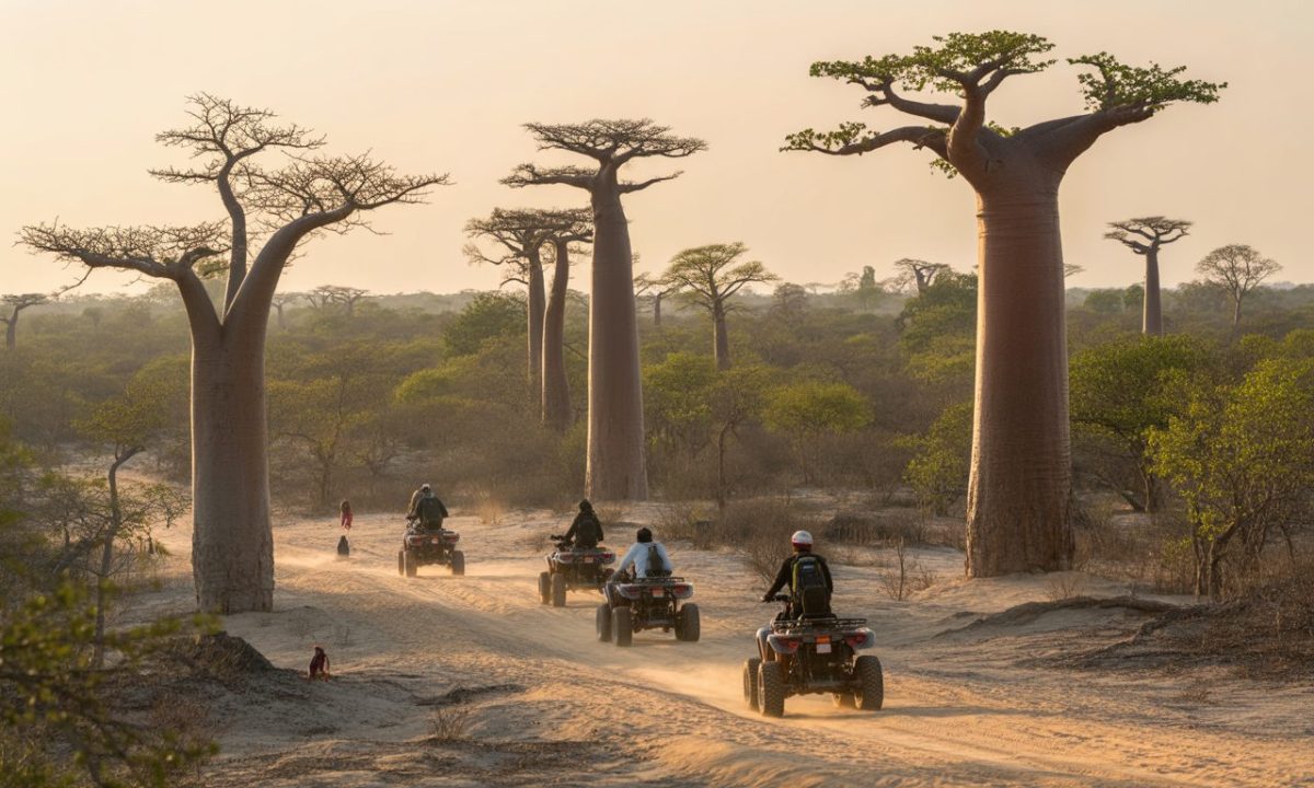 Groupe en quad sur une piste sableuse bordée de baobabs